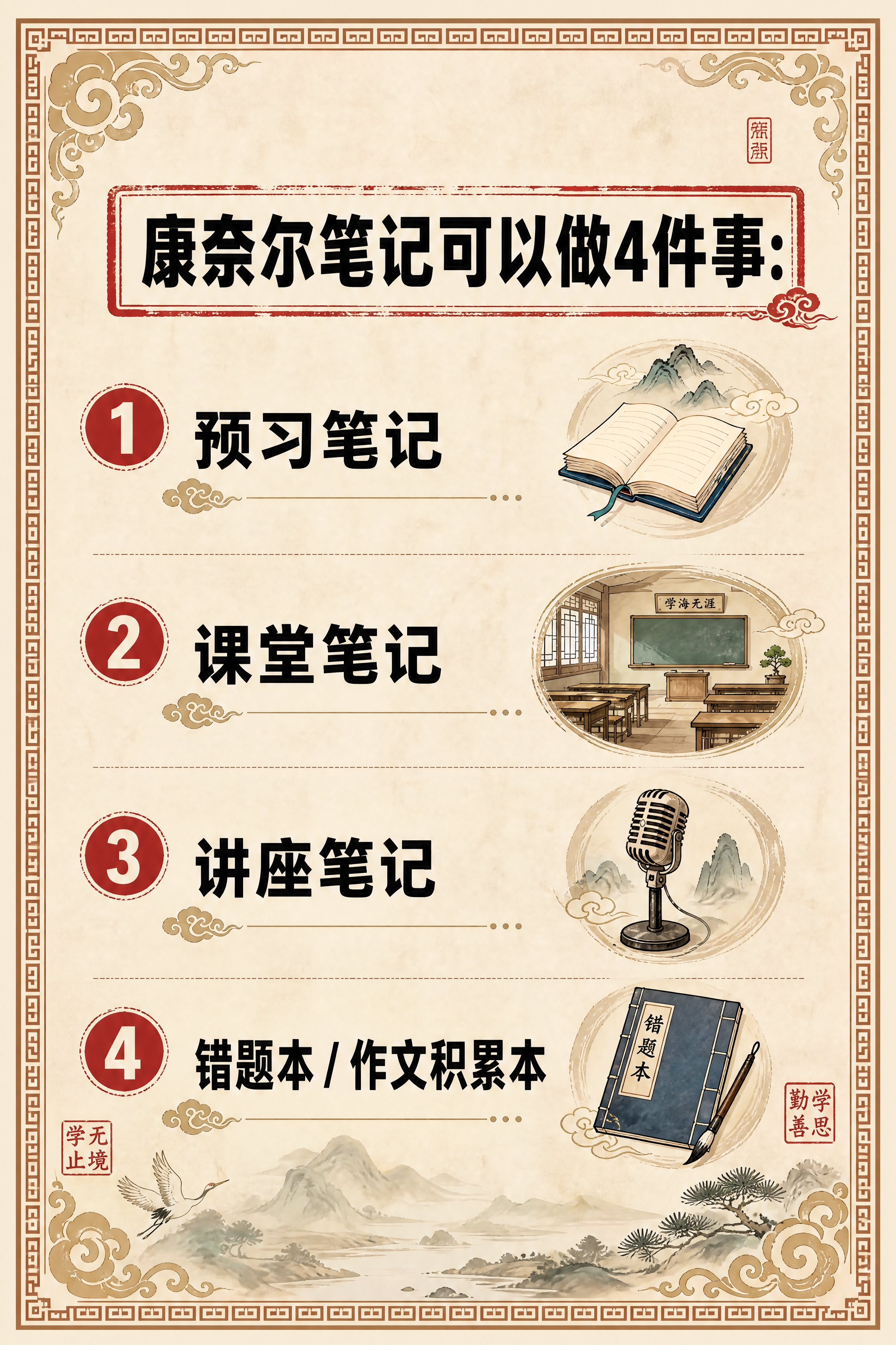 小红书笔记内页，4种用途卡片，国风山海经风格，米黄色宣纸纹理背… - 图片创意预览
