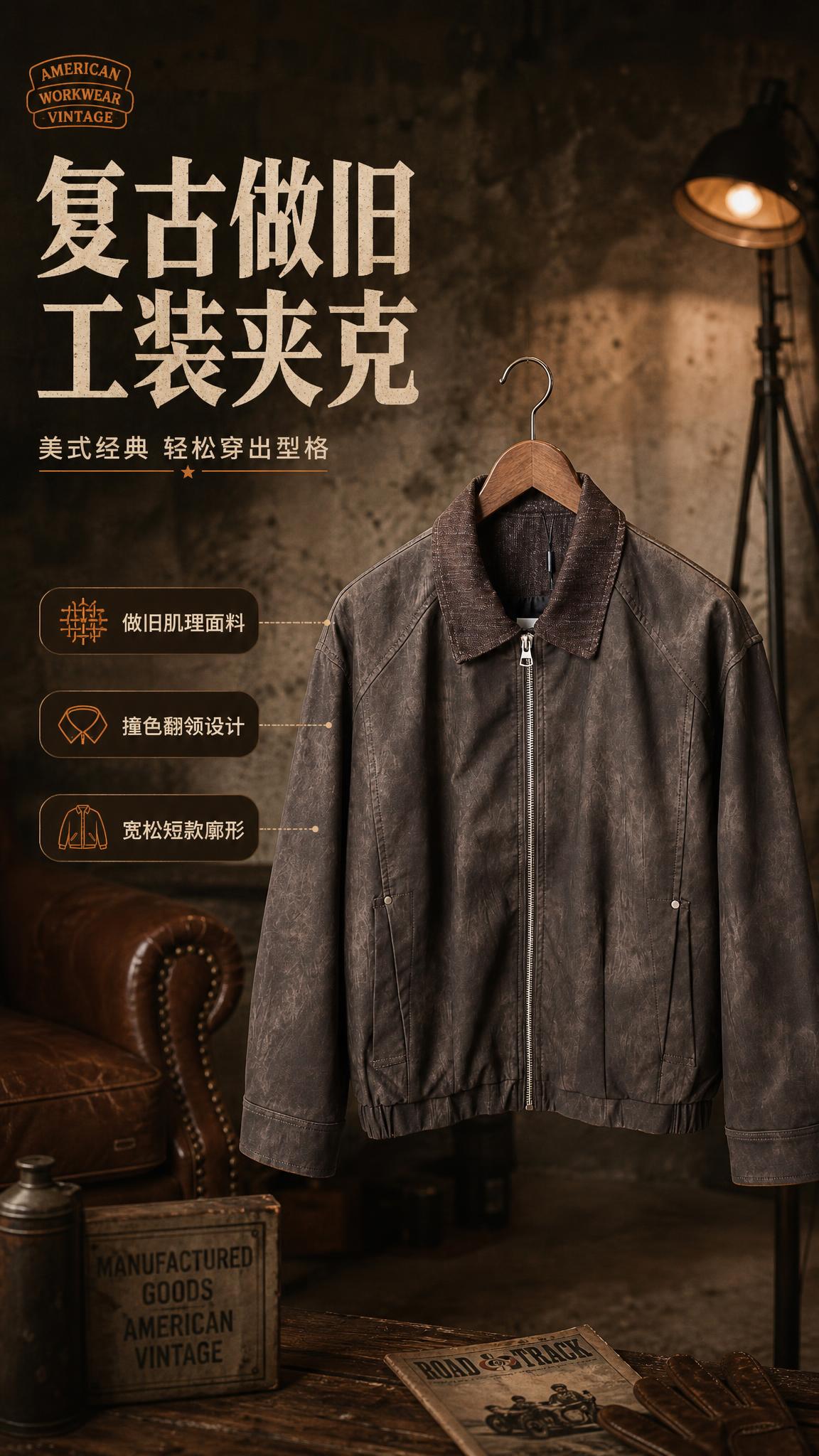[商品] 使用【图1】咖色复古做旧翻领夹克；商品处理：保留翻领… - 图片创意预览
