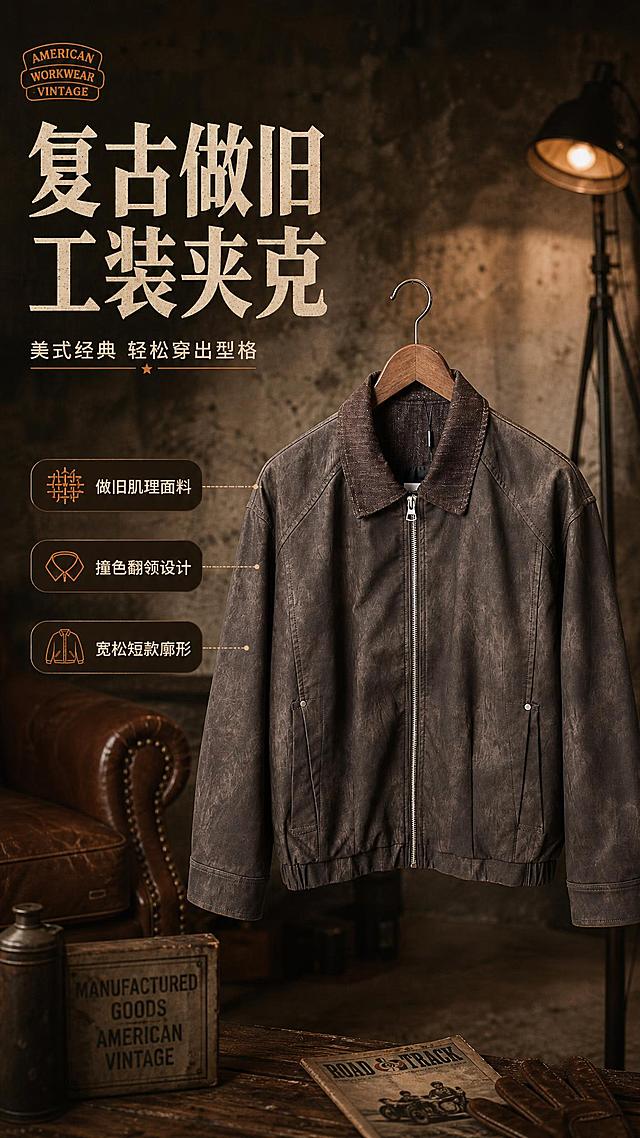 [商品] 使用【图1】咖色复古做旧翻领夹克；商品处理：保留翻领、金属拉链、插袋、松紧下摆、袖口、做旧肌理面料和咖棕色；自然去除衣架、挂架、背景电箱和地面杂物，理顺衣身垂坠，增强皮纹做旧肌理、缝线、拉链五金和翻领织物质感，不改变版型和结构。
[画面] 目标：风格头图海报，突出复古美式工装调性与整体版型；构图：左文右图，产品位于画面右侧占65%，自然悬挂于复古木质衣架，背景为做旧水泥墙+暖光落地灯+皮质沙发一角，营造美式复古工装店氛围；景别：中全景，展示夹克全貌；阅读动线：左上标题→左下卖点→右侧产品；前中后景：前景复古道具、中景夹克、后景虚化复古空间。
[视觉] 套系策略：风格=美式复古工装风高级商业摄影；标题字=粗衬线复古字体；正文字=简洁无衬线体；主色=深咖棕；背景延展=基于深咖棕做深浅层级、同色渐变和做旧纸张/水泥质感；强调色=焦糖橘，仅用于小面积图标、引线和标签；标题色=米白色；正文色=浅暖灰；组件=圆角深棕信息卡、细线引线、复古标签；光影=右前侧暖调柔光，带复古胶片颗粒感。
[文字] 左上主标题「复古做旧 工装夹克」，副标题「美式经典 轻松穿出型格」，下方3个短卖点：做旧肌理面料、撞色翻领设计、宽松短款廓形；文字不遮挡夹克主体、拉链和口袋。
[规格] 图片比例9:16竖版，2K分辨率，避免变形、错字、文字过小、冷蓝背景、衣服颜色改变、版型失真、衣架挂架残留、电箱杂物。