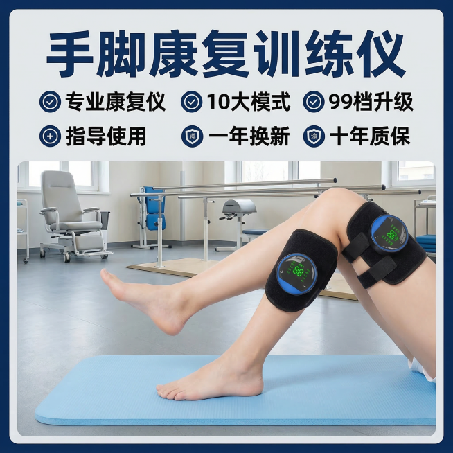 原图片内容保持：手脚康复训练仪产品外观完全不变，文字卖点内容完全不变（文字内容：手脚康复训练仪，专业康复仪，10大模式，99档升级，指导使用，一年换新，十年质保）。修改内容：更换肢体动作为脚踝缓缓抬起预览效果