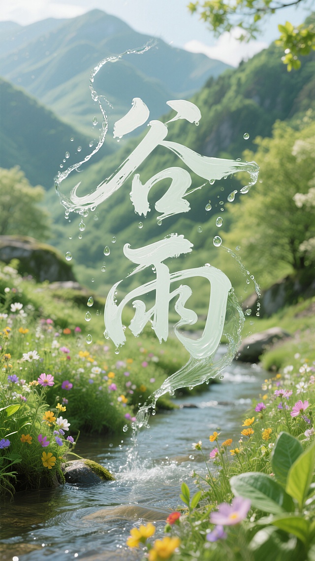3D风液态文字，融入虚拟自然景观，清新梦幻，唯美感十足。