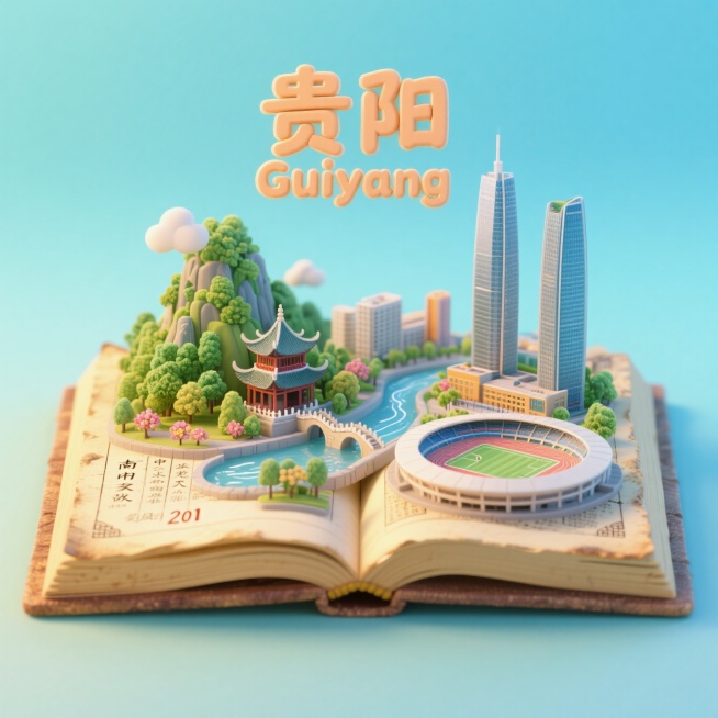 一本打开的古代书籍，书是打开的，书上是贵阳城市景观微缩模型，有贵阳的黔灵山，甲秀楼，南明河，花果园双子塔，贵阳中天201大厦，贵阳奥林匹克体育中心，上方有中文“贵阳”和英文“Guiyang”，整体画面预览效果