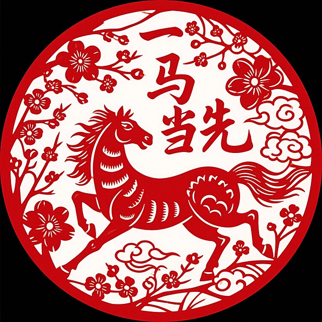 生成马年春节元素的窗花 白底 窗花仅用红色构成 融入“一马当先”文字