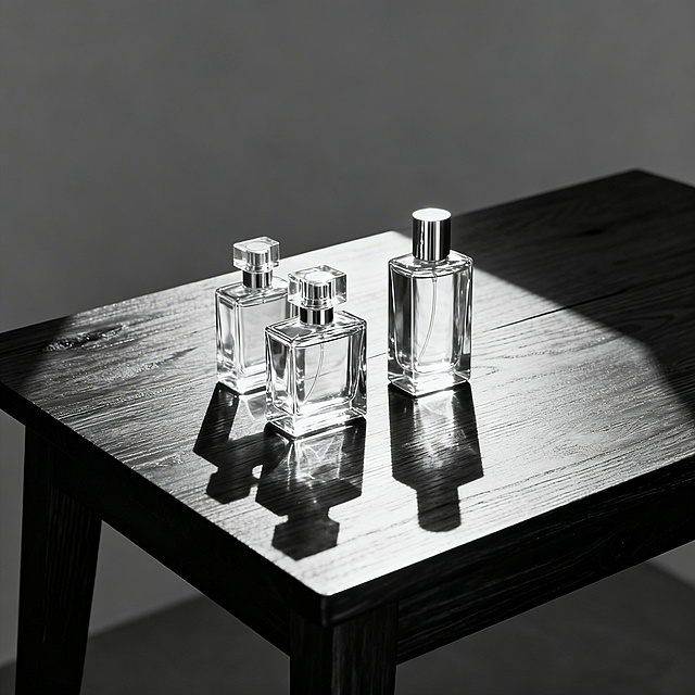 电商主图，2-3个透明玻璃香水瓶组合摆放在深色原木质感的木桌上，画面干净简洁，突出香水瓶晶莹剔透的质感，光影对比强烈，整体是极简高级干净的简约北欧风，画面没有任何文字，正方形构图。