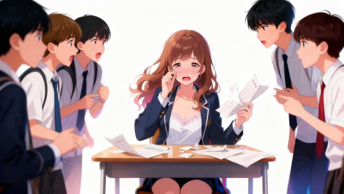 苏曼丽假哭，同学议论纷纷，林墨百口莫辩（短暂憋屈）。长头发为苏曼丽，苏曼丽是绿茶，请保持服装头发颜色等前后一致性预览效果