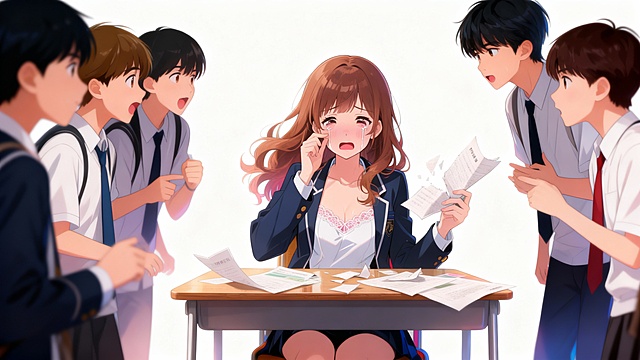 苏曼丽假哭，同学议论纷纷，林墨百口莫辩（短暂憋屈）。长头发为苏曼丽，苏曼丽是绿茶，请保持服装头发颜色等前后一致性