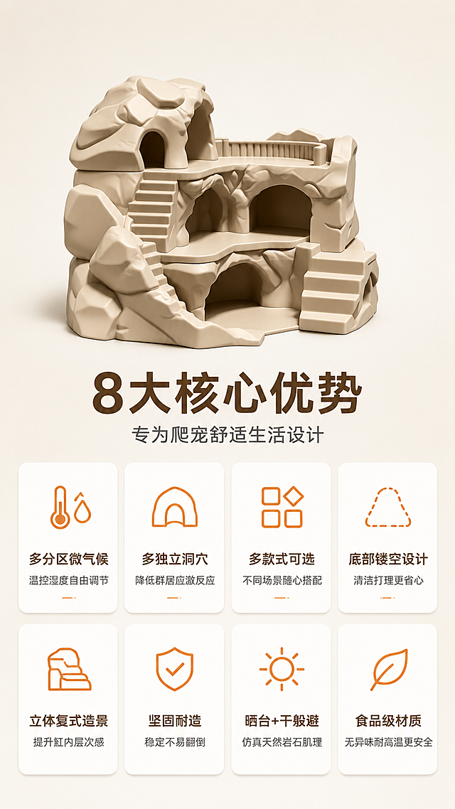 [第3屏] 核心卖点总览屏-8大卖点四宫格展示。本屏使用【图4】沙漠米色款作为产品主体。
[氛围/风格] 简约功能风+商业摄影质感，信息清晰，卖点突出，专业可信。
[元素布局] 沙漠米色岩石城堡置于画面上方中央，占比约40%；下方为2×4八宫格卖点卡片布局，每格一个图标+短标题+一句话说明；背景为浅米色渐变，卡片为白色圆角矩形带轻微阴影；产品结构、颜色与输入图4完全一致。
[光影质感] 顶部均匀柔光，产品底部柔和投影，整体干净明亮，突出产品轮廓。
[配色色系] 全局底色#FAF7F2（浅米白）；主色沙漠米产品；辅助色深棕标题、橙色点缀图标；卡片白色。
[视角构图] 正面平视，产品在上，卖点卡片在下，阅读动线从上到下。
[文字版式] 版式为顶部产品+主标题+下方八宫格卖点。主标题「8大核心优势」，副标题「专为爬宠舒适生活设计」；8个卖点分别为：1.「多分区微气候」温控湿度自由调节；2.「多独立洞穴」降低群居应激反应；3.「多款式可选」不同场景随心搭配；4.「底部镂空设计」清洁打理更省心；5.「立体复式造景」提升缸内层次感；6.「坚固耐造」稳定不易翻倒；7.「晒台+干躲避」仿真天然岩石肌理；8.「食品级材质」无异味耐高温更安全；每个卖点配简约线性图标。
[比例分辨率] 9:16竖版比例，4K分辨率，文字清晰可辨，高清画质。
[负向提示词] 产品变形，结构错误，文字错乱，文字过小，水印，卡片变形，图标模糊。