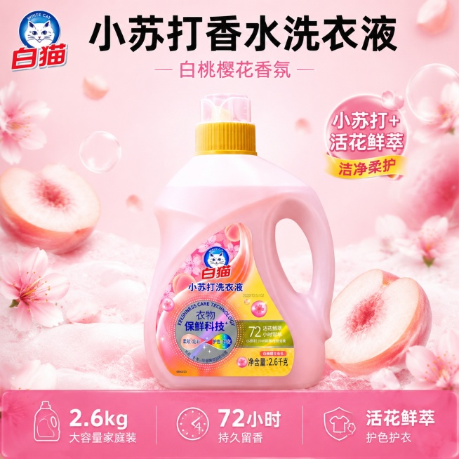 [单张主图] 白猫小苏打洗衣液，走爆款促销感主图路线，同时适配抖音平台电商主图，目标是吸引用户点击购买，突出产品卖点。
[画面主体] 白猫小苏打洗衣液产品主体居中，保持产品外观、物理结构、材质质感、颜预览效果