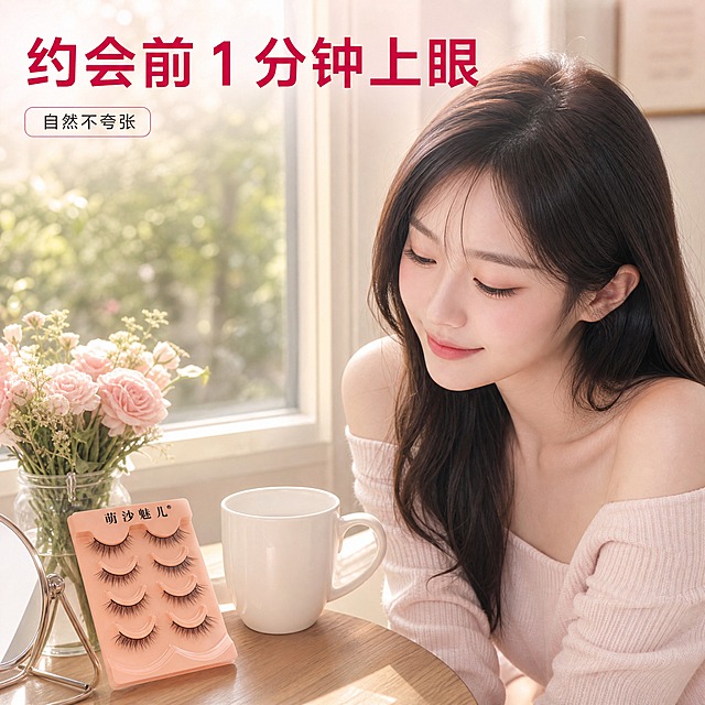 [主图-4] 商品名称「萌沙魅儿 日常约会妆假睫毛 眼尾加长斜飞款」。主题与唯一任务：真实约会场景使用状态图，展示戴上这款睫毛出门约会的自然状态与氛围。
[统一基调] 柔光通透的粉白约会妆感商业摄影；奶油粉白与柔和暖调过渡；主标题深玫红、辅助文字深灰、强调色亮玫粉；整套只用一种干净非衬线黑体，主标题最大最粗、辅助文字缩小一半以上；组件统一为细线引线、小圆角标签卡与轻微半透明底，不用厚重色块和通栏边框。
[画面] 场景为窗边咖啡桌约会场景：木质桌面、白色马克杯、一小束浅粉花、虚化的窗外绿意与柔光。中国年轻女性模特（约 24 岁，日常约会妆）位于画面右侧，四分之三侧脸低头浅笑，眼睛自然朝下看桌面，眼尾睫毛清晰上扬；画面左下桌面一角真实摆放粉色假睫毛托盘，与输入图外观结构一致，平放贴合桌面不悬浮，旁放一面小圆镜作为使用道具。
[光影质感] 自然窗光从左侧斜射，暖调柔光，桌面有真实的物体接触阴影与杯身反光，模特皮肤通透，场景光影与产品自然融合，无白底残留无边缘硬切。
[配色] 以奶油粉白为主调，桌面木色与浅粉花只作环境色，标签卡浅粉半透明，整体保持同组配色不换主色。
[文字版式] 主标题横排大字「约会前 1 分钟上眼」置于上方留白区，辅助标签卡缩小一半以上写「自然不夸张」，统一同一种非衬线字体，文字放在背景干净区，不遮挡模特脸部与睫毛。
[输出要求] 1:1 方形满版场景构图，中文清晰无错字，产品真实融入场景。
负向：禁止变形、色差、主体模糊、悬浮穿模、面部扭曲、多余手指、畸形手、文字变形、水印、平台 Logo、睫毛微距特写、使用步骤小窗、价格与促销数字。