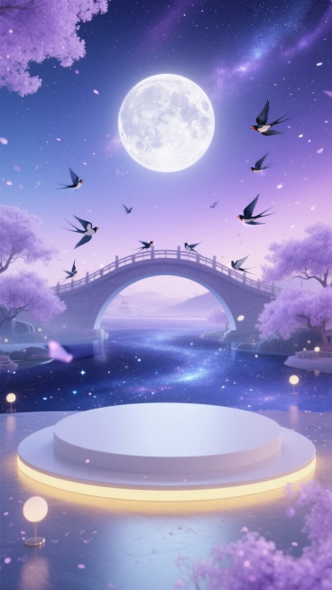 星空紫渐变银河蓝。乳白月轮，远处有鹊桥，喜鹊飞舞，前面有一个白色展台，淡黄光带。 淡紫粒子光尘。桥底流动深蓝星河预览效果
