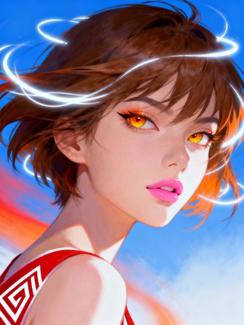 数字艺术风格插画，特写视角的女性角色，棕色短发随风飘动，发丝间缠绕着发光的白色线条，橙黄色的眼眸锐利有神，眼尾微微上扬，嘴唇涂着自然的粉色唇膏，皮肤白皙，肩部有红色带有白色几何图案的装饰，背景是渐变的蓝色天空与橙红色的光晕交织，画面充满动感与神秘氛围，光影对比强烈，高光与阴影细节丰富，整体色调以蓝、橙、白为主，笔触流畅细腻，具有梦幻般的视觉效果。预览效果
