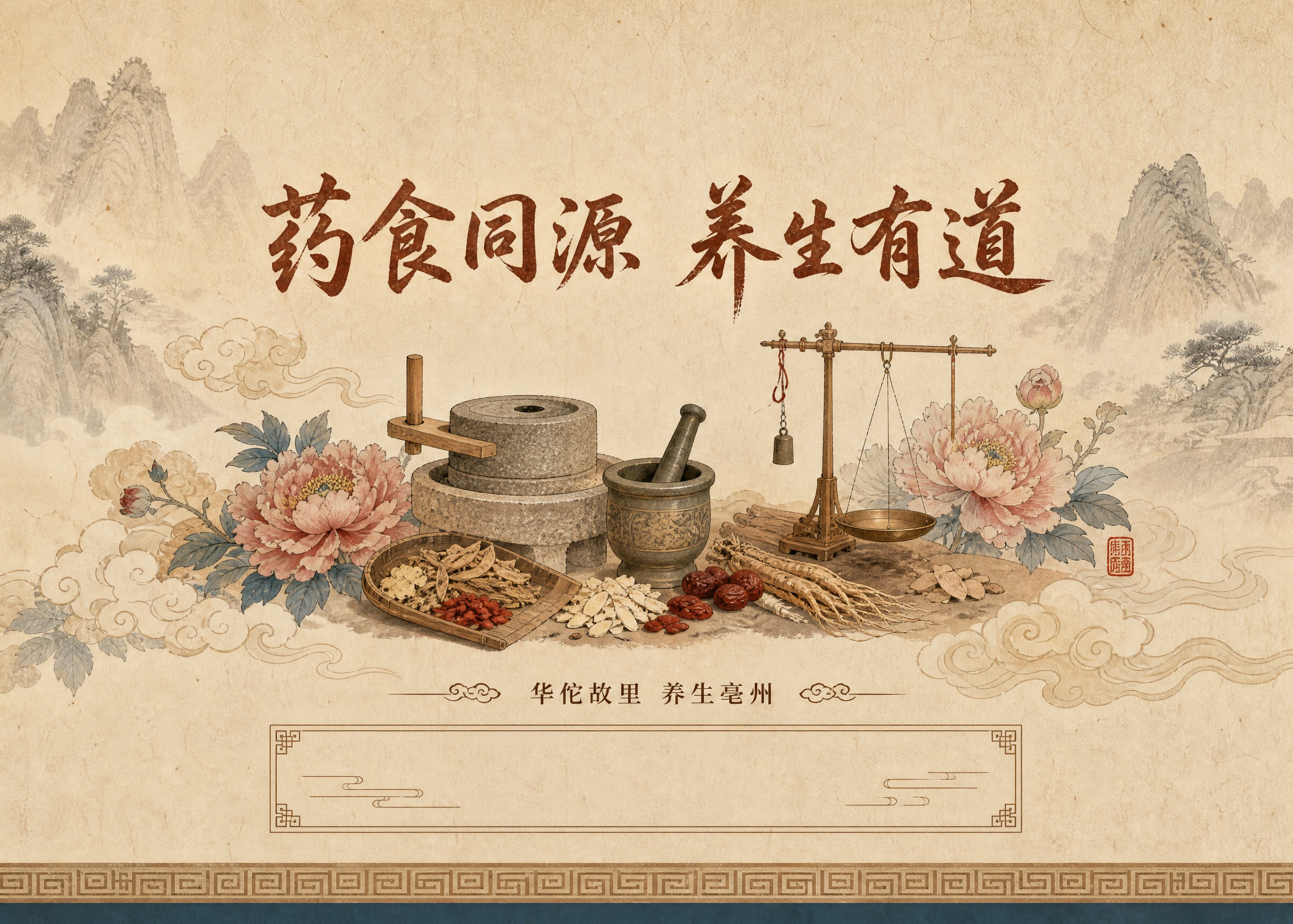 国风新中式工笔画风格，32开横版药材小册子封底，比例7:5横版… - 图片创意预览