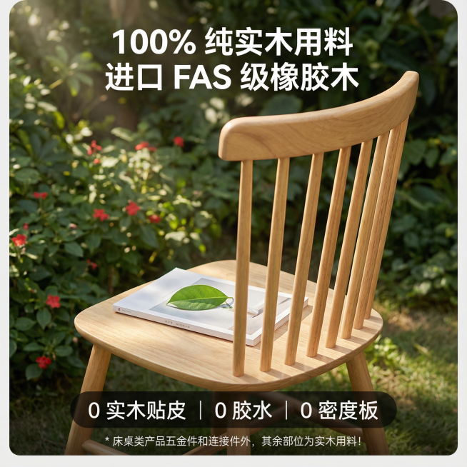 “超写实产品宣传摄影，自然清新风格的实木椅特写：主体：浅橡木色温莎椅（100% 纯实木，FAS 级橡胶木质感），靠背为多根纤细实木竖条 + 弧形顶边（边缘圆润打磨），椅面为弧形实木（贴合人体曲线），木预览效果