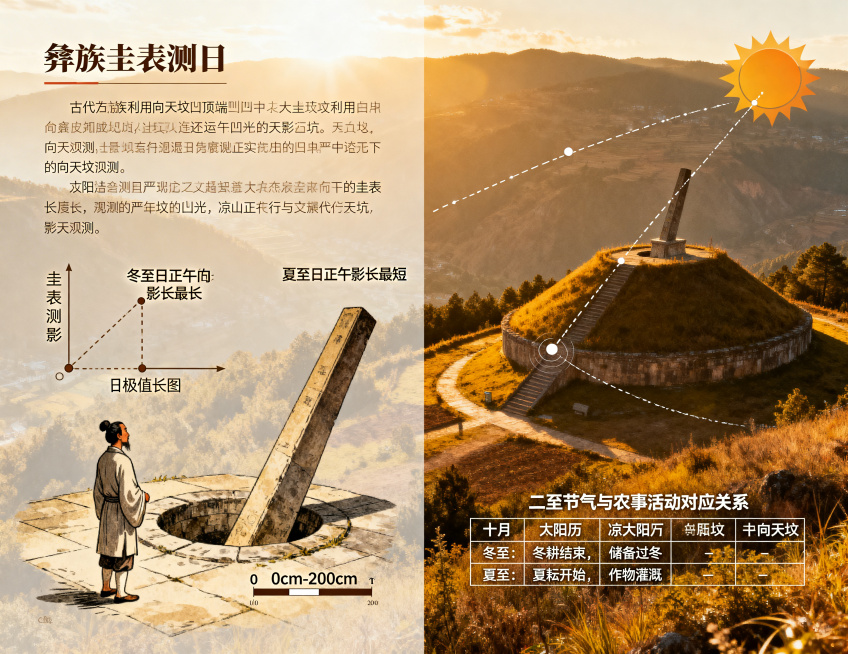 彝族圭表测日科普信息图，左侧复原古代彝族利用向天坟顶端凹坑作为圭表进行观测的场景：古人正午观测日影长度，旁边绘制圭表测影示意图，分别标注冬至日正午影长最长、夏至日正午影长最短的两个极值点，配数据刻度说预览效果