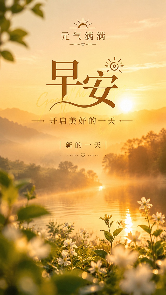 温暖治愈风，晨曦湖景搭配手写体文字，融合自然光影与柔美笔触，传递元气满满的早安祝福。