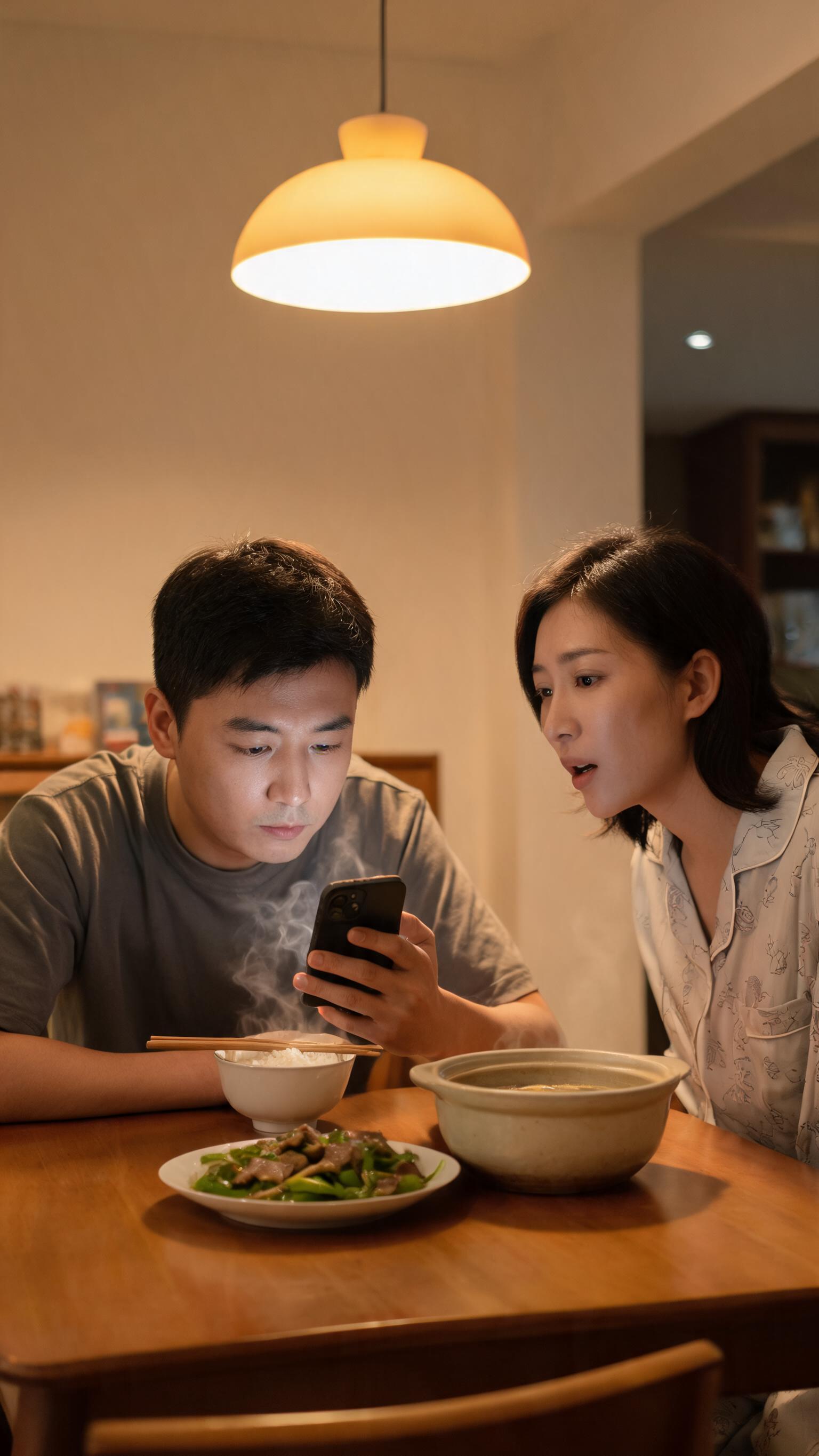 普通家庭的晚饭桌，男人坐在饭桌前，碗里还冒着热气，但他低头刷手… - 图片创意预览