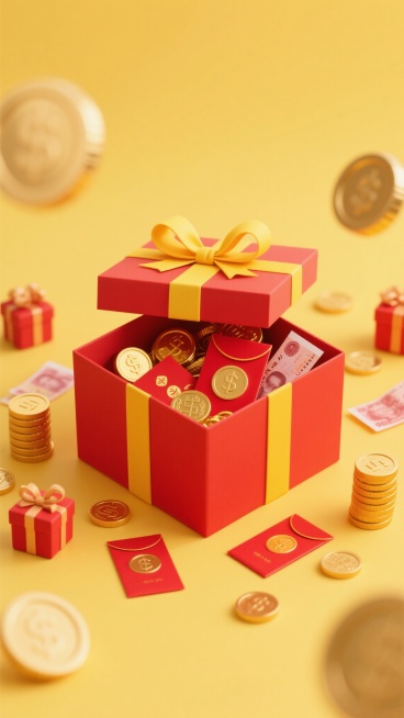 黄色背景，画面左右两侧各有一个模糊的金币，中间有一个正方形红色纸盒，盒上系着黄色丝带，盒子内部装有金币、红包和红色纸币，盒子周围散落着小礼物盒、堆叠的金币、红包以及红色纸币，整体画面元素丰富饱满预览效果
