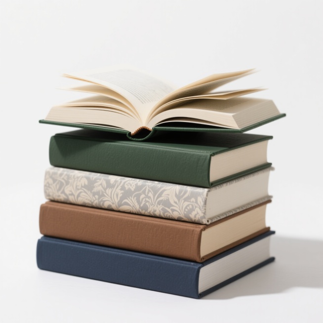 白色背景下，一本摊开的硬壳精装书位于堆叠书籍的顶部，书页自然展开呈现内文细节，其封面颜色改为深绿色；下方整齐叠放着四本不同颜色的精装书，从下至上分别为深蓝色、棕色、米色带花纹、浅灰色，所有书籍保持立体写实的质感，清晰的光影效果形成自然阴影，整体构图展现出书籍堆叠的稳定结构与真实材质感。预览效果