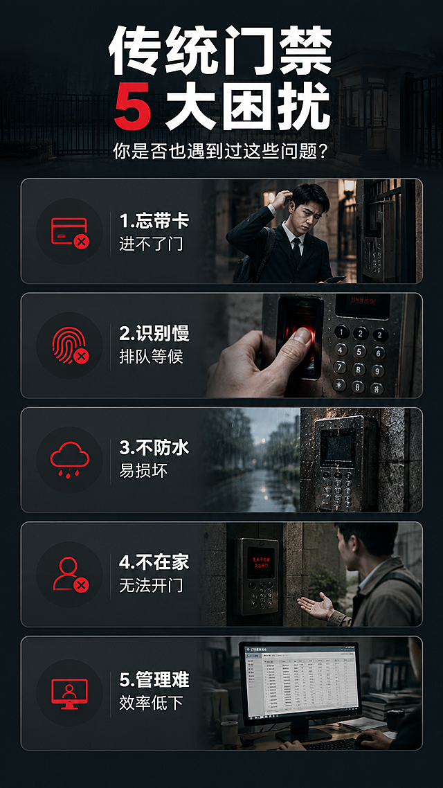 [第2张] 详情页痛点直击-传统门禁5大困扰。本张为痛点页，无需使用产品图。
[氛围/风格] 写实场景风，略带压抑感，突出痛点共鸣，商业设计质感。
[元素布局] 画面分为上下两部分，上半部分占40%为深色背景配大标题；下半部分占60%为5个痛点卡片纵向排列，每个卡片配对应场景小图：1.忘带门禁卡被拦在门外的上班族；2.指纹识别失败反复按压的手部特写；3.下雨天门禁进水损坏的场景；4.访客来访主人不在家无法开门的尴尬场景；5.管理人员手动录入信息繁琐的电脑屏幕。
[光影质感] 整体偏暗调，每个痛点卡片有微弱顶光，营造困扰氛围，对比强烈。
[配色色系] 全局底色 #2C3E50 深灰蓝；主色深灰、暗红警示色；辅助色白色文字、浅灰卡片底。
[视角构图] 竖版上下构图，阅读动线从上至下，标题 → 痛点卡片依次阅读。
[文字版式] 版式为顶部大标题 + 纵向5个痛点卡片。主标题「传统门禁 5 大困扰」，副标题「你是否也遇到过这些问题？」，白色粗体居中；每个痛点卡片左侧图标+右侧文字，痛点标题加粗，描述小字：「忘带卡 进不了门」「识别慢 排队等候」「不防水 易损坏」「不在家 无法开门」「管理难 效率低下」；文字清晰可读，移动端友好。
[比例分辨率] 9:16 竖版比例，4K分辨率，文字清晰可辨，高清画质。
[负向提示词] 水印，文字错乱，文字过小，画面模糊，产品图出现，颜色偏差。