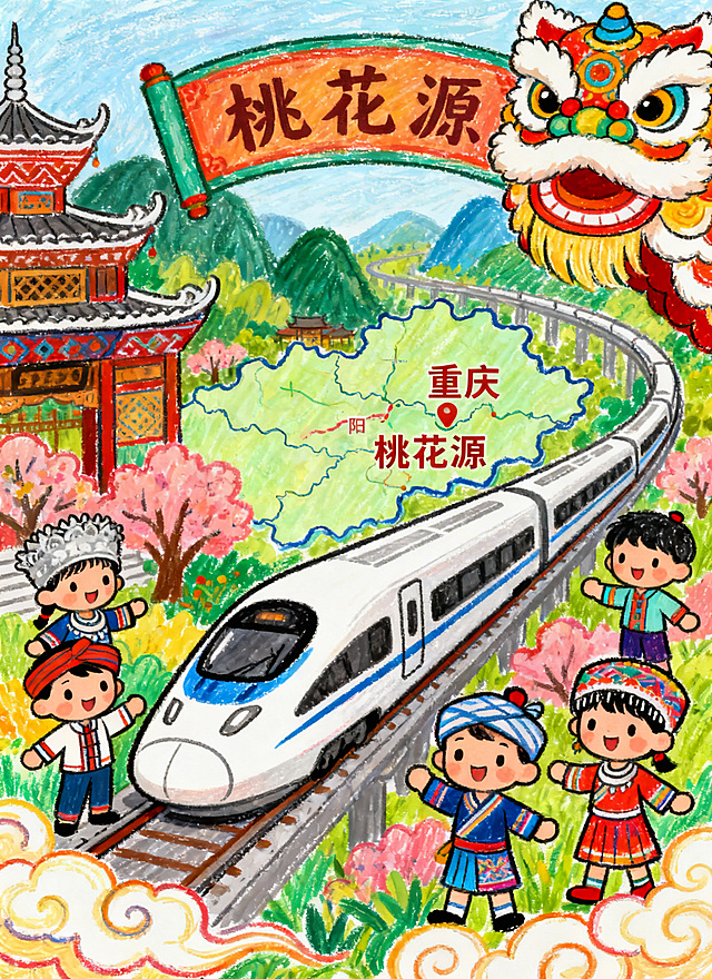 参考多张上传图片的蜡笔画风格，创作一幅全新蜡笔画作品，主题突出重庆酉阳元素。融合第一张的可爱多民族少年儿童和醒狮祥云，第二第三张的重庆酉阳地图标注桃花源，第四张的国潮醒狮高铁，第五张的饱满构图和鲜艳色彩，蜡笔质感明显，色彩浓郁明快，线条清晰，画面包含重庆到酉阳高铁、酉阳桃花源、土家族苗族特色装饰，整体主题明确适合儿童绘画
