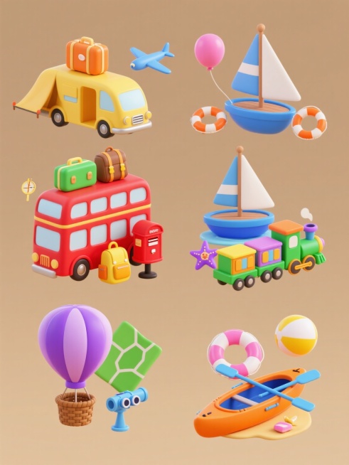 6个风格统一的3D卡通旅游主题元素集合，每个元素独立成组，规整排列在纯色背景上。所有元素保持圆润可爱的造型风格，柔和明亮的光影效果，细腻的材质表现，无文字、无logo、无水印。元素内容分别为：1. 黄色露营车搭配橙色行李箱、蓝色飞机和粉色气球；2. 红色双层巴士车顶载有绿色行李箱，旁边有棕色登山包和黄色指南针；3. 蓝色帆船带着白色船帆，周围有橙色救生圈和紫色海星；4. 绿色小火车头牵引着两节……预览效果