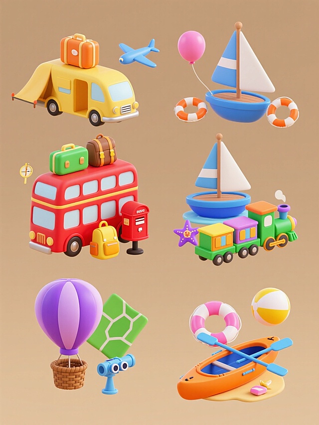 6个风格统一的3D卡通旅游主题元素集合，每个元素独立成组，规整排列在纯色背景上。所有元素保持圆润可爱的造型风格，柔和明亮的光影效果，细腻的材质表现，无文字、无logo、无水印。元素内容分别为：1. 黄色露营车搭配橙色行李箱、蓝色飞机和粉色气球；2. 红色双层巴士车顶载有绿色行李箱，旁边有棕色登山包和黄色指南针；3. 蓝色帆船带着白色船帆，周围有橙色救生圈和紫色海星；4. 绿色小火车头牵引着两节彩色车厢，旁边有红色邮筒和黄色背包；5. 紫色热气球下方悬挂着棕色藤篮，旁边有蓝色望远镜和绿色地图；6. 橙色皮划艇配有蓝色船桨，旁边有粉色游泳圈和黄色沙滩球。每个元素都有独特的主色调，整体色彩协调且变换丰富，共同营造出欢快活泼的旅游氛围。