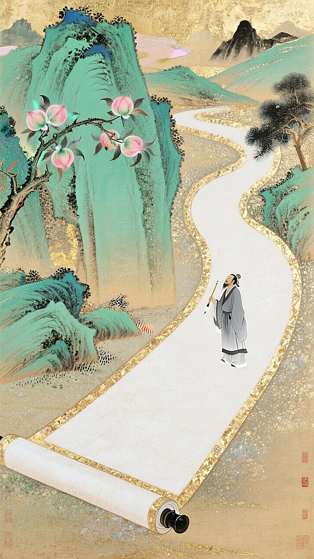 巨型空白卷轴蜿蜒成路，一个灰袍迷你文人拿着毛笔立在上面，青绿山水远景，点缀桃子枝，色调以青绿、粉桃、墨色、米黄为主，水墨淡彩，大面积留白