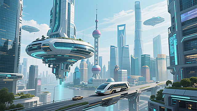 赛博朋克风未来都市，3D科技感建筑群与悬浮飞艇交织，霓虹灯点缀金属质感城市，虚拟现实交通穿梭其间，现代感十足。