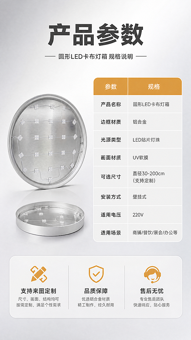 [商品] 使用【图1】灯箱铝框、【图8】灯箱背面结构；保留铝合金边框、LED灯珠、背板结构原貌；商品处理：去除工厂背景，放置于干净的参数展示场景中，保留产品结构和材质，不改变比例。
[画面] 目标：产品参数收口页（最后一张），完整规格信息。构图：左侧放灯箱正视图（小尺寸），右侧为参数表格；下方为定制说明和服务信息；景别：参数信息页；背景为浅灰渐变，干净专业；阅读动线：从左到右，先看产品再读参数。
[视觉] 套系策略：风格=现代商业工业风+高端广告器材质感；标题字=粗黑体无衬线；正文字=思源黑体常规；主色=金属银灰+深灰；背景延展=浅灰到银灰渐变背景，干净明亮；强调色=暖橙金，仅用于小面积图标、表头标签点缀；标题色=深炭灰；正文色=中灰；组件=圆角浅灰参数表格、细银线分割、服务图标；光影=正面均匀柔光，产品清晰。
[文字] 顶部主标题：产品参数；副标题：圆形LED卡布灯箱 规格说明；参数表横排2列，左列参数名右列参数值：产品名称 / 圆形LED卡布灯箱；边框材质 / 铝合金；光源类型 / LED贴片灯珠；画面材质 / UV软膜；可选尺寸 / 直径30-200cm（支持定制）；安装方式 / 壁挂式；适用电压 / 220V；适用场景 / 商铺/餐饮/展会/办公等；底部横排服务说明：【支持来图定制】【品质保障】【售后无忧】；所有文字横排，表格清晰易读，手机端可读。
[规格] 图片比例9:16竖版，4K分辨率，负向提示：避免工厂背景、杂物、文字过小、文字竖排、产品变形、极限词、二维码、水印。