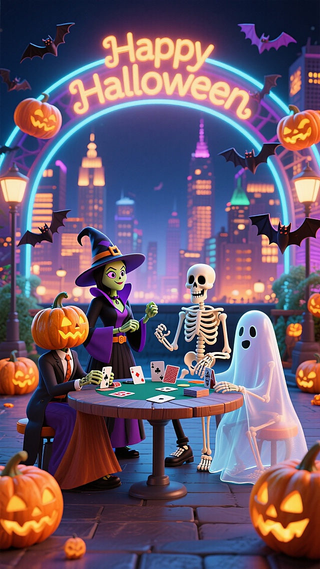 卡通感与3D风结合，拟人化的万圣角色围桌打牌，霓虹灯拱门闪耀“Happy Halloween”，梦幻又喜庆的超现实都市夜景。