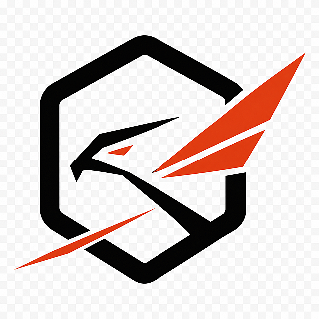 A minimalist sports logo for men's activewear. Only three colors: black, white, and blood orange. The design combines a shield, an eagle, and motion lines. The shield is a simple rounded hexagon. Inside, the eagle is abstracted into 3 sharp geometric lines forming a fierce head and an eye. One eagle wing is reduced to two connected triangles breaking the shield's right edge. One single speed line cuts across the bottom left. Ultra flat vector, no gradients, no shading, no extra details. Clean, bold, masculine, scalable, no text, no background