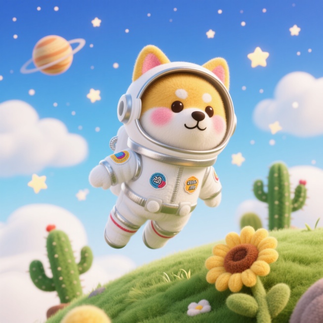 一只黄色柴犬穿着白色宇航服，耳朵从宇航头盔中露出来，粉色红晕，呆萌的豆豆眼。身穿银色和白色的宇航服，服装上有潮流贴纸的刺绣，精致，悬浮在空中；背景是渐变蓝色天空，白云，繁心点点，星球，星星悬浮在周围，预览效果