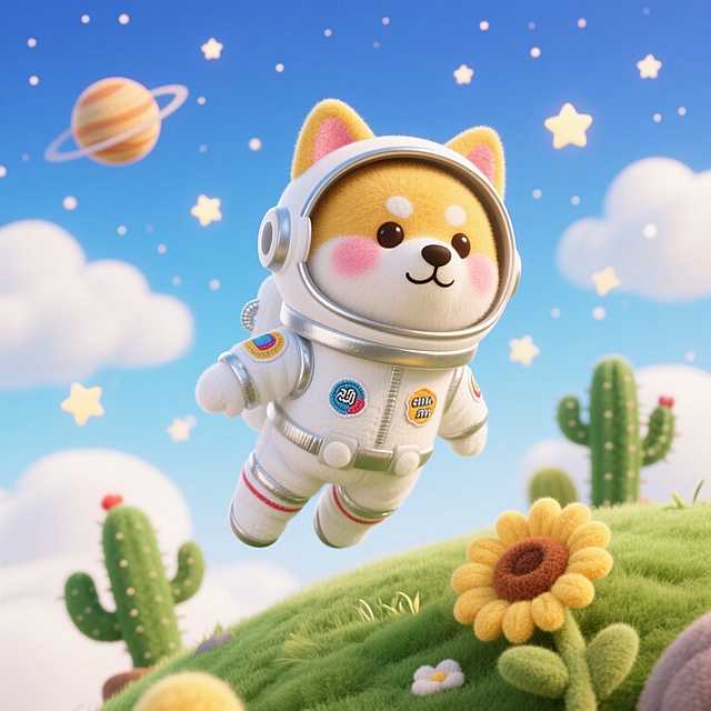一只黄色柴犬穿着白色宇航服，耳朵从宇航头盔中露出来，粉色红晕，呆萌的豆豆眼。身穿银色和白色的宇航服，服装上有潮流贴纸的刺绣，精致，悬浮在空中；背景是渐变蓝色天空，白云，繁心点点，星球，星星悬浮在周围，弧形的绿色草地，仙人掌，向日葵造型的植物点缀，治愈，可爱，多巴胺配色，高纯度配色