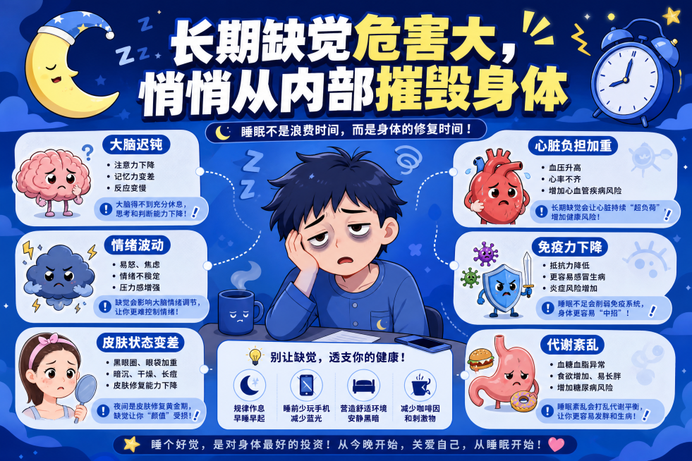 长期缺觉危害大，悄悄从内部摧毁身体 以这个为中心 生成一张比较吸引人图片 风格为蓝色卡通一些预览效果