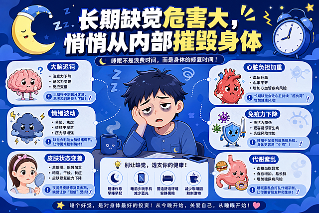 长期缺觉危害大，悄悄从内部摧毁身体 以这个为中心 生成一张比较吸引人图片 风格为蓝色卡通一些