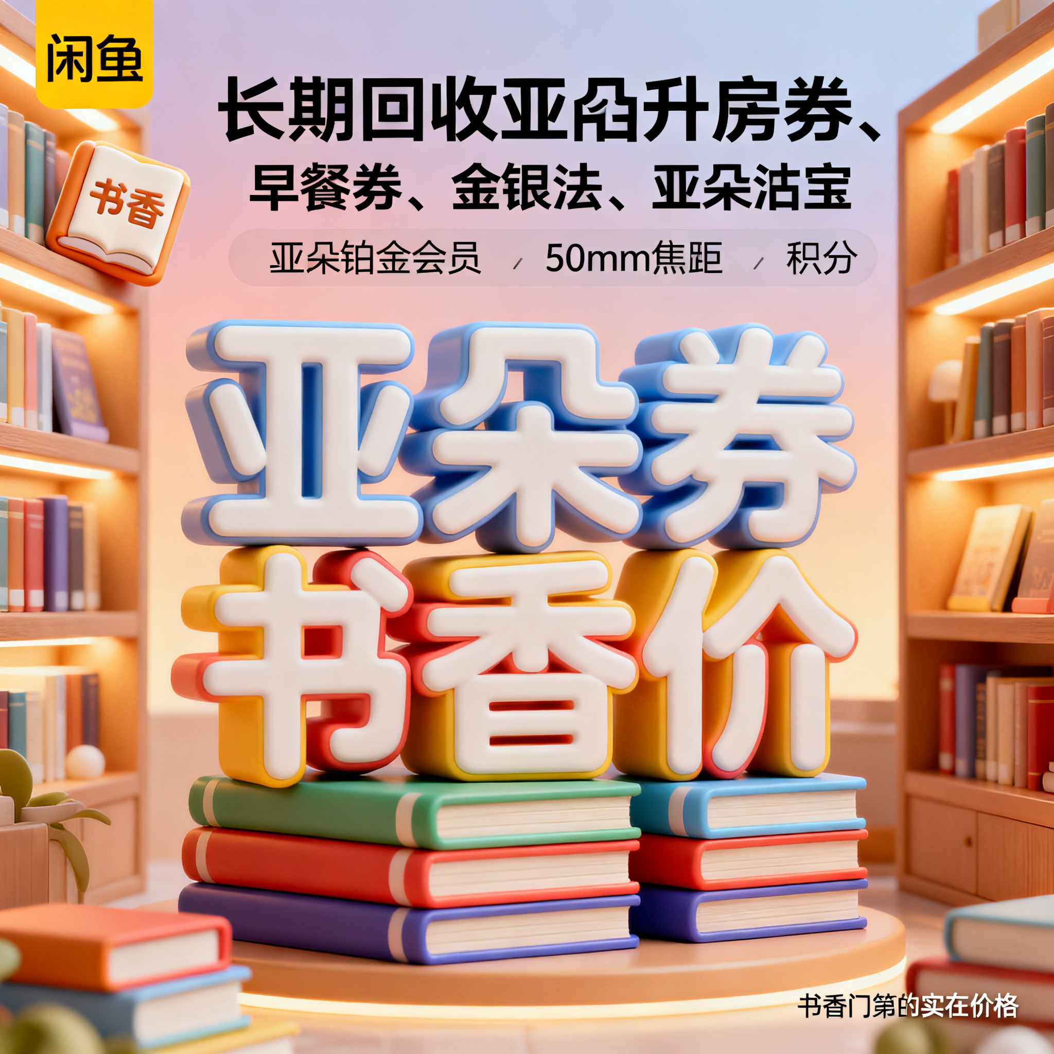 软3D风格，闲鱼大字封面，主题为长期回收亚朵升房券早餐券金银法… - 图片创意预览