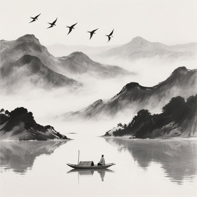 中国传统水墨风格山水画，以黑白灰为基调，运用浓淡干湿的墨色变化描绘连绵起伏的远山，近处水面平静如镜，倒映着山峰轮廓，一叶扁舟漂浮于湖心，舟中独坐一人，天空中有五只飞鸟呈人字形排列翱翔，山间云雾缭绕，营造出空灵悠远、宁静淡泊的意境，笔触简练洒脱，留白恰到好处，尽显水墨韵味与东方禅意。预览效果