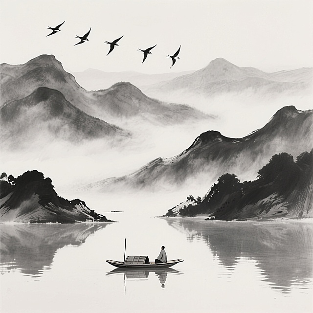 中国传统水墨风格山水画，以黑白灰为基调，运用浓淡干湿的墨色变化描绘连绵起伏的远山，近处水面平静如镜，倒映着山峰轮廓，一叶扁舟漂浮于湖心，舟中独坐一人，天空中有五只飞鸟呈人字形排列翱翔，山间云雾缭绕，营造出空灵悠远、宁静淡泊的意境，笔触简练洒脱，留白恰到好处，尽显水墨韵味与东方禅意。