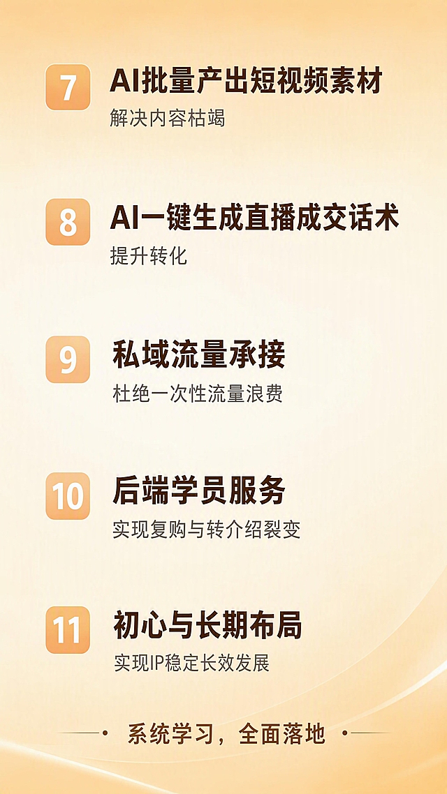 教育课程详情页第8张-11节实战课程大纲（下半部分）。柔和橙金渐变底色，金光弱化，简约商务风。延续上一张风格，课程列表宽松排版，每条单独一行，字号放大，行间距1.5倍以上。课程条目：7. AI批量产出短视频素材，解决内容枯竭 8. AI一键生成直播成交话术，提升转化 9. 私域流量承接，杜绝一次性流量浪费 10. 后端学员服务，实现复购与转介绍裂变 11. 初心与长期布局，实现IP稳定长效发展。每条课程前有数字序号7-11，浅橙色圆形或方形底，白色数字。课程名称深棕色粗体，说明文字稍小灰色。整体排版宽松，留白充足，不拥挤。可在底部加一句引导语「系统学习，全面落地」。文字清晰可读，高清画质。