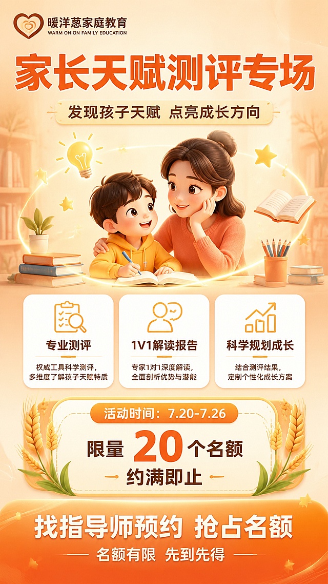 一张竖版家长天赋测评活动招生海报，9:16比例，暖橙米黄温馨配色，柔和渐变背景，温暖治愈有信任感。左上角放置品牌水印：心形logo+"暖洋葱家庭教育"深棕色文字+小字"WARM ONION FAMILY EDUCATION"。顶部居中大主标题"家长天赋测评专场"，暖橙色粗体大字。下方副标题"发现孩子天赋 点亮成长方向"，米色底标签承载。中上部配温馨3D卡通插画：一位家长和孩子温馨互动，周围有星星、灯泡、书本等象征天赋与智慧的装饰元素，柔和光晕。中部三个圆角白底信息卡片横向排列，分别写有"专业测评""1V1解读报告""科学规划成长"，每个卡片配简约线性小图标和一行小字说明："权威工具科学测评，多维度了解孩子天赋特质""专家1对1深度解读，全面剖析优势与潜能""结合测评结果，定制个性化成长方案"。下方活动信息区：暖橙色圆角卡片内写"活动时间：7.20-7.26"和"限量20个名额 约满即止"，数字"20"用橙色超大字号突出，营造稀缺感，卡片两侧有麦穗装饰。底部不放置二维码，改为醒目的预约引导："找指导师预约 抢占名额"白色粗体大字在橙色渐变底条上，下方小字"名额有限 先到先得"。整体版式精美，层级分明，四周留足安全边距，文字清晰可读，柔和柔光，温暖治愈氛围，2K超清画质。画面中所有数字必须精确渲染，不得错位、遗漏或编造。画面中所有信息区域必须填充完整合理的内容，不得出现空白框、空白占位。严禁生成任何二维码图案。