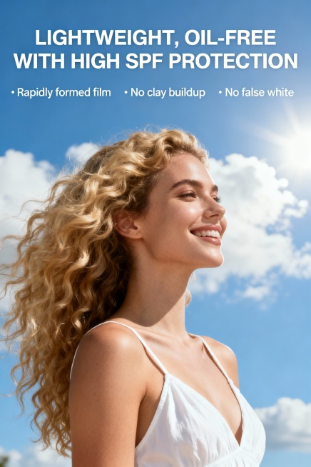 防晒海报，2:3竖版，大字报形式，主标题“LIGHTWEIGHT, OIL-FREE WITH HIGH SPF PROTECTION”，3个卖点“Rapidly formed film，No cla预览效果