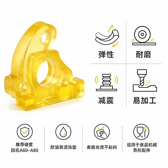 [主图-3] 材质卖点图，白底标准电商风，突出半透明黄PU的四大核心卖点、硬度参数和耐油易清洗特性。
[统一基调] 白底标准电商风，纯白色背景，深灰色(#333333)文字，清晰端正无衬线字体，字体不变形不拉伸不压扁，1:1正方形构图，干净专业电商感。
[画面] 画面左侧或中心偏左放置一个半透明黄色聚氨酯PU异形件特写，呈倾斜角度展示通透质感和圆角倒角，主体占画面约35%-40%。右侧或周围分布四大卖点，采用2x2网格布局，每个卖点配简约线性图标。四个卖点分别为：弹性（配弯曲回弹图标）、耐磨（配耐磨测试图标）、减震（配震动吸收图标）、易加工（配刀具切削图标）。画面下方或底部标注参数信息："推荐硬度 邵氏A60–A80"、"耐油易清洗型"、"表面光滑不粘料"、"适用于食品机械异形配件"。整体构图饱满，信息层次清晰，电商感强。
[光影质感] 标准电商产品摄影质感，半透明黄色PU材质表现出通透、温润、光滑的视觉感受，光线均匀柔和，表面有洁净高光，体现食品级材料的干净易清洗感。
[配色] 背景纯白#FFFFFF，文字深灰#333333，产品主体半透明琥珀黄色，图标用深灰色线条+少量黄色点缀，整体干净专业。
[文字版式] 卖点名称"弹性""耐磨""减震""易加工"用中号深灰色无衬线粗体字。参数说明"推荐硬度 邵氏A60–A80""耐油易清洗型""表面光滑不粘料""适用于食品机械异形配件"用小号深灰色无衬线字。字号层级分明，所有文字横排，字体端正清晰不变形。
[输出要求] 1:1正方形，2048x2048px，产品清晰锐利，边缘利落，文字清晰可读，画面仅出现以上指定文字，不出现任何额外自动生成的文字、水印、logo或多余装饰。负向：变形、错字、模糊、杂乱、水印、平台Logo、多余文字、廉价感、油污感。