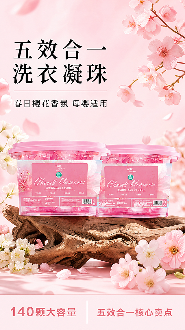 [第1屏] 详情页头图-五效合一春日樱花香氛洗衣凝珠产品宣传海报。本屏使用【图1】作为商品主体，保持两桶粉色包装洗衣凝珠的物理结构、包装文字、颜色与输入产品图一致。
[氛围/风格] 清新粉嫩春日氛围，樱花主题，商业摄影质感，画面干净明快，充满香氛生活感。
[元素布局] 两桶洗衣凝珠放置在画面中下区域，占据画面65%-70%主体位置，背景为浅粉色渐变，左上区域预留标题空间，周围点缀淡粉色樱花花瓣和白色小花装饰，底部保留原木质感衬底，整体层次丰富不杂乱。
[光影质感] 左上侧柔和主光，打亮凝珠透明包装和粉色桶身，桶身高光清晰，底部形成自然柔和投影，整体通透明亮，产品边缘清晰真实。
[配色色系] 全局底色：#FFF5F8（浅粉）；主体配色：#F8A8BD（粉色桶身）+#FFFFFF（包装文字）+#D886A3（深粉装饰）；辅助色：#F1F1F1（浅白装饰）+#8B4513（原木棕色）。
[视角构图] 正面平视视角，商品主体居中偏下，左上留足标题区域，底部用浅粉色信息条承接核心卖点，构图符合竖屏阅读动线。
[文字版式] 左上区域放主标题和副标题，主标题「五效合一洗衣凝珠」黑色粗体字，字号约为画面宽度的10%，左对齐；副标题「春日樱花香氛 母婴适用」，字号约为主标题40%；底部浅粉色信息条左侧标注「140颗大容量」，右侧标注五效合一核心卖点，文字清晰不遮挡主体产品。
[比例分辨率] 9:16竖版比例，4K分辨率，文字清晰可辨，超高清。
[负向提示词] 产品变形，包装文字错乱，颜色偏差，缺件错件，水印，文字模糊，背景杂乱，过度P图。