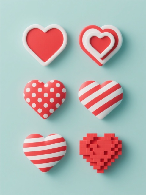 九个不同造型的心形图案组成的系列素材集合，规整地3x3网格排布，每个心形保持独特设计元素：水平红白条纹、纯色菱形心、双层同心白边红心形、红色圆点密集填充、倾斜红白条纹、像素风格红格心形、倾斜红白粗条纹、纯红色经典心形、粗像素红格心形，整体采用纯色背景，软3D风格，画面整体色彩变换为柔和的马卡龙色系，每个心形拥有微妙的立体渐变和轻微阴影，保持元素内容的完整性和识别度，设计简洁现代，适合作为装饰或……预览效果