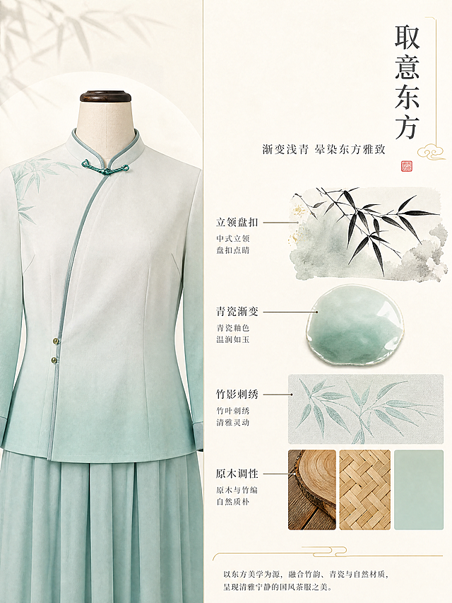 [第2张] 设计理念页-渐变浅青新中式国风茶服设计灵感。本张使用【图1】作为服装主体参考。
[氛围/风格] 东方美学灵感拼贴风，清雅禅意，文艺高级，杂志内页质感。
[元素布局] 画面采用左右分栏灵感拼贴布局：左侧为服装正面半身特写，突出立领盘扣与渐变浅青过渡，占比约45%；右侧为灵感元素拼贴区，包含水墨竹叶笔触、青瓷釉色色块、原木纹理小样、竹编纹理、浅青色卡；服装款式、颜色、立领盘扣、竹叶刺绣细节与参考图完全一致。
[光影质感] 柔和漫射自然光，均匀照亮服装与元素，阴影浅淡柔和，整体明亮通透有层次。
[配色色系] 全局底色 #F7F3EC（暖米白）；主色 渐变浅青 #B8D4C9；辅助色 水墨灰、原木棕、青瓷绿；点缀色 金色细线。
[视角构图] 正面半身+元素拼贴，平视视角，阅读动线从左服装到右灵感元素，自上而下。
[文字版式] 标题字形为清雅宋体。主标题「取意东方」位于右上，竖排排版；副标题「渐变浅青 晕染东方雅致」横排于主标题下方；右侧元素旁配小字标签「立领盘扣」「青瓷渐变」「竹影刺绣」「原木调性」，细线连接对应元素；文字不遮挡服装主体。
[比例分辨率] 3:4 竖版比例，4K 分辨率，文字清晰可辨，高清画质。
[负向提示词] 服装变形，颜色偏差，水印，文字错乱，产品图模糊，元素杂乱。