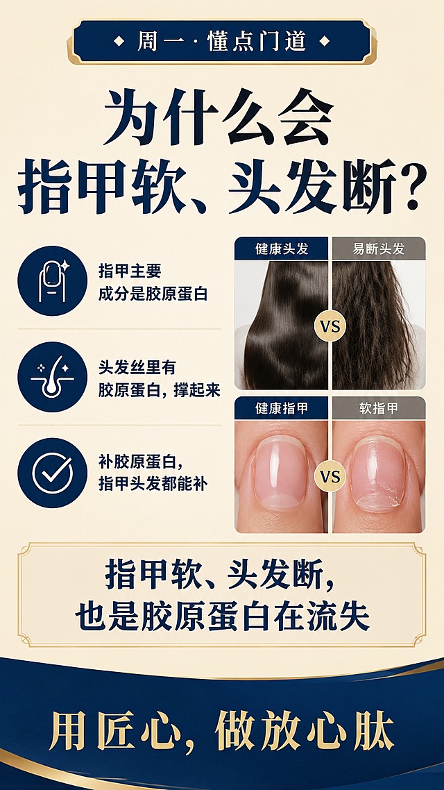 健康科普海报，9:16竖版。顶部：深蓝描金边圆角矩形，浅米色背景，居中文字‘周一·懂点门道’，前后配菱形符号◆。主体最醒目位置大字标题：‘为什么会指甲软、头发断？’。左侧三行深蓝圆形背景白色图标列表：1. 指甲图标 → ‘指甲主要成分是胶原蛋白’；2. 头发图标 → ‘头发丝里有胶原蛋白，撑起来’；3. 对勾图标 → ‘补胶原蛋白，指甲头发都能补’。右侧为对比示意图：左半健康指甲（光亮坚韧）、右半软指甲（易弯易裂）；上半健康头发（顺滑有光泽）、下半易断头发（分叉毛躁）。中部：金色细边框浅米色矩形框内加粗文字‘指甲软、头发断，也是胶原蛋白在流失’。底部：深蓝背景通栏，金色大字slogan‘用匠心，做放心肽’。整体风格专业严谨、商务清新，配色深蓝+浅米+金，排版清晰分区，文字可读性强