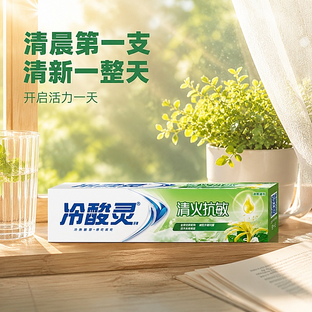 冷酸灵清火抗敏牙膏晨光窗台场景主图，清新生活氛围感，商业摄影质感。清晨阳光透过白色纱帘，冷酸灵清火抗敏牙膏盒放在木质窗台上，旁边有玻璃杯、绿植盆栽、翻开的书，窗外虚化的绿叶，暖金色晨光。保持牙膏盒外观与原图一致，无变形色差。商品主体占比约50%，画面满屏无边框。晨光侧逆光，有丁达尔效应，整体温暖清新有生活感。画面左上角文字：主标题"清晨第一支 清新一整天"绿色大号粗体，下方辅助小字"开启活力一天"。1:1比例，超高清商业摄影质感。