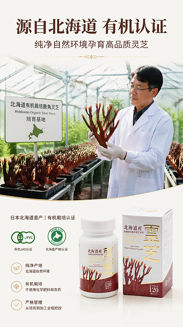 [第3屏] 核心卖点一，展示北海道产地优势与有机认证。本屏使用【图5】为栽培场景参考，提取北海道温室栽培鹿角灵芝的画面信息。
[氛围/风格] 自然纯净，专业真实，体现有机培育的原生态感，商业摄影质感。
[元素布局] 上半部分展示北海道培育基地的真实场景，专家手捧优质鹿角灵芝，下半部分放置产品主体与卖点文字。场景占上方约60%区域，产品放置在右下角，占比约25%。
[光影质感] 自然日光效果，整体明亮通透，灵芝纹理清晰可见，产品光影与首屏保持一致。
[配色色系] 全局底色 #f8f5f0，自然绿色和深棕色灵芝为主色调，搭配产品原白金色，配色和谐自然。
[视角构图] 上场景下图产品的上下分栏结构，阅读动线从上至下，场景感受传递后引出产品。
[文字版式] 沿用首屏字体风格与字色。顶部大标题「源自北海道 有机认证」，副标题「纯净自然环境孕育高品质灵芝」，左下角卖点标注「日本北海道直产｜有机栽培认证」，文字不遮挡主体场景和产品。
[比例分辨率] 9:16，4K，文字清晰可辨。
[负向提示词] 场景模糊，产品变形，文字错乱，颜色偏差。