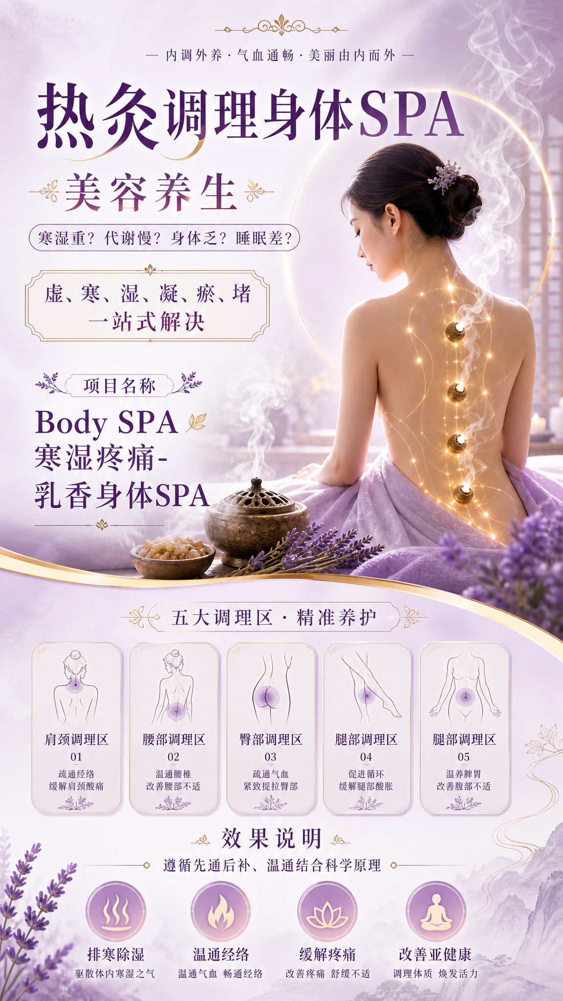 制作一张热灸调理身体SPA美容养生宣传海报，包含文案：寒湿重？… - 图片创意预览