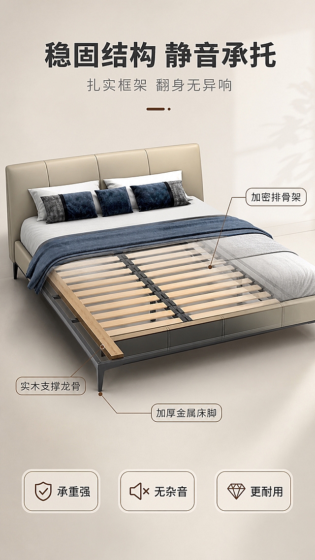 [商品] 使用【图1】意式轻奢围边床；保留床的整体外形、颜色和尺寸比例；展示床架底部结构与排骨架，以半透明或局部剖切方式呈现内部支撑结构，不改变床的外观造型。
[画面] 目标：结构框架解析，展示床的承托结构与静音排骨架。构图：上文下图，顶部约1/5为标题区，下方约4/5为床的侧视结构示意图；床侧45度角呈现，局部床板透明化显示内部排骨架与支撑龙骨；配3处引线标注指向关键结构；背景为浅灰渐变，突出结构。
[视觉] 套系策略：风格=意式轻奢高级商业摄影；标题字=现代无衬线粗体（思源黑体Heavy）；正文字=简洁无衬线体（思源黑体Regular）；主色=浅米杏；背景延展=基于浅米杏做深浅层级、同色渐变和细腻墙布/纸张质感；强调色=深咖棕，仅用于小面积图标、引线和标签；标题色=深炭灰；正文色=中暖灰；组件=圆角浅底信息卡、细线引线、胶囊形卖点框；光影=右前侧暖柔光，逆光作窗纱轮廓光。
[文字] 顶部主标题"稳固结构 静音承托"，副标题"扎实框架 翻身无异响"；画面中3处引线标注"加密排骨架""实木支撑龙骨""加厚金属床脚"；底部3个短卖点"承重强""无杂音""更耐用"；文字全部横排。
[规格] 图片比例9:16竖版，4K，避免变形、错字、文字过小、冷蓝背景、结构夸张虚构、极限词。